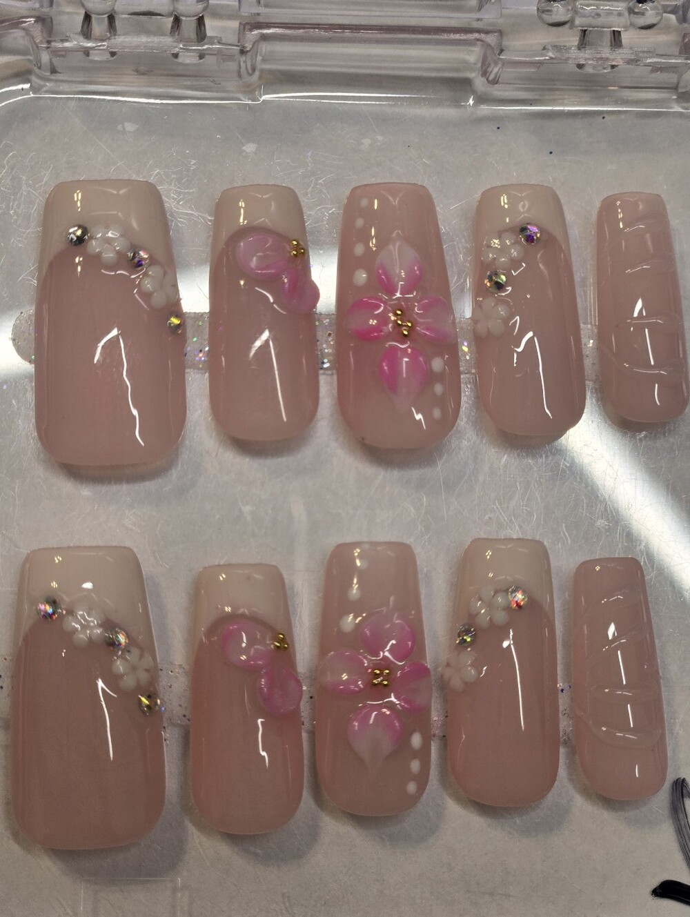 Pink Floral Press-On Nail Set, Medium Length Square Shape